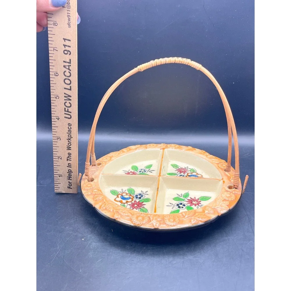 Vtg 4 Section Divided‎ Serving Dish Wicker Handle Ceramic Floral Japan 7.5